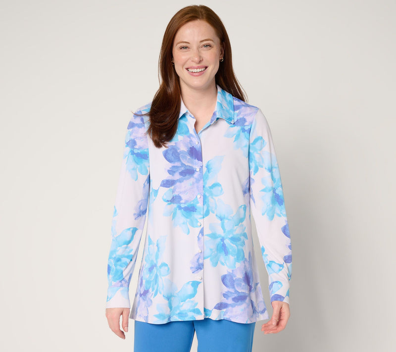 Dennis Basso Petite Printed Caviar Crepe Top with Enamel Buttons — View 14