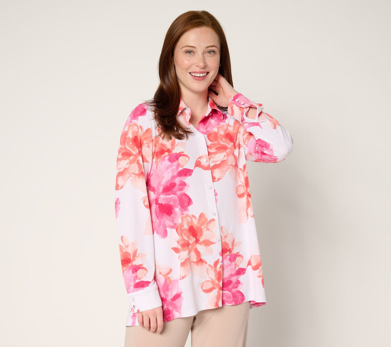 Dennis Basso Petite Printed Caviar Crepe Top with Enamel Buttons — View 15