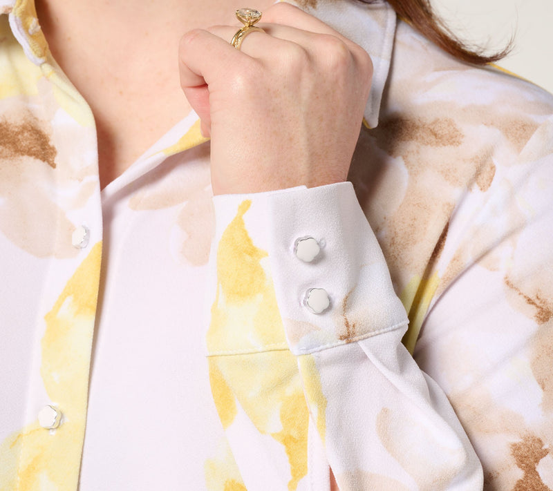 Dennis Basso Petite Printed Caviar Crepe Top with Enamel Buttons — View 6