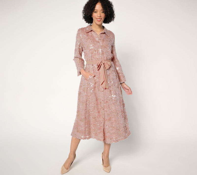 Dennis Basso Regular Sequin Shirt Dress with Belt — View 11