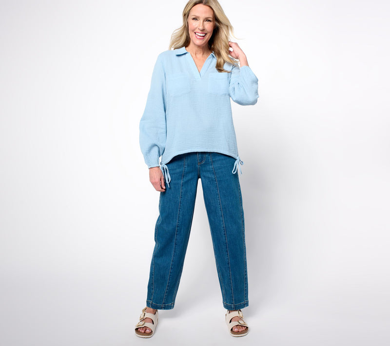 Peace Love World Boheme 100% Cotton Collared Blouse w/ Waist Cord — View 5