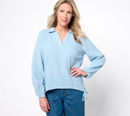 Peace Love World Boheme 100% Cotton Collared Blouse w/ Waist Cord
