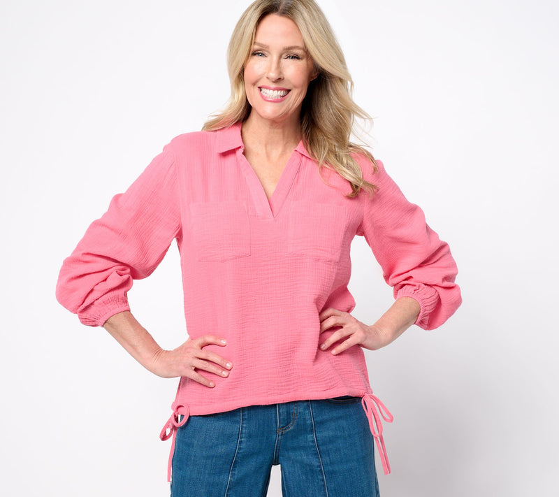 Peace Love World Boheme 100% Cotton Collared Blouse w/ Waist Cord — View 12