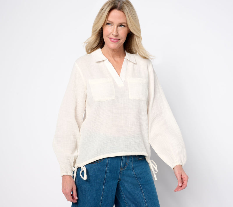 Peace Love World Boheme 100% Cotton Collared Blouse w/ Waist Cord — View 14