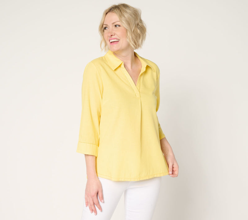 Denim & Co. Soft Linen Blend Print or Solid Collared Shirt — View 11