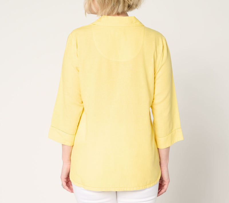 Denim & Co. Soft Linen Blend Print or Solid Collared Shirt — View 4
