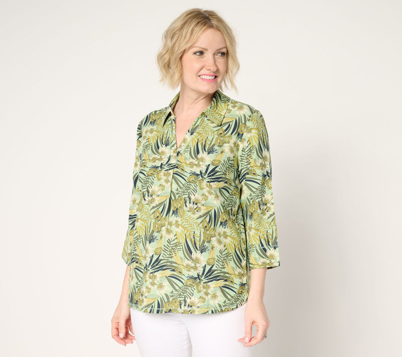 Denim & Co. Soft Linen Blend Print or Solid Collared Shirt — View 12