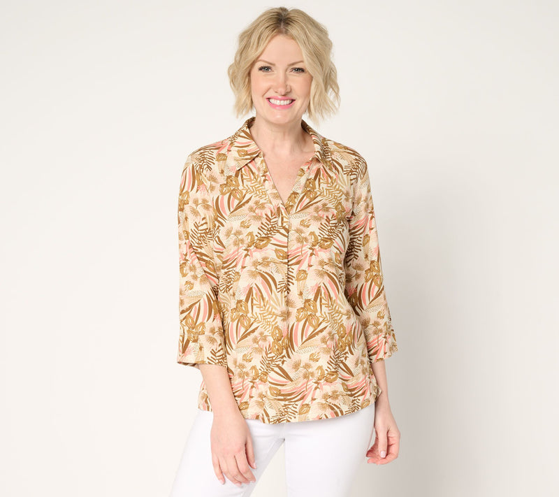 Denim & Co. Soft Linen Blend Print or Solid Collared Shirt — View 13