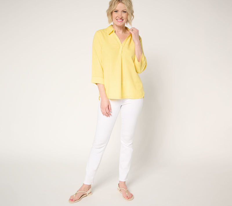 Denim & Co. Soft Linen Blend Print or Solid Collared Shirt — View 5