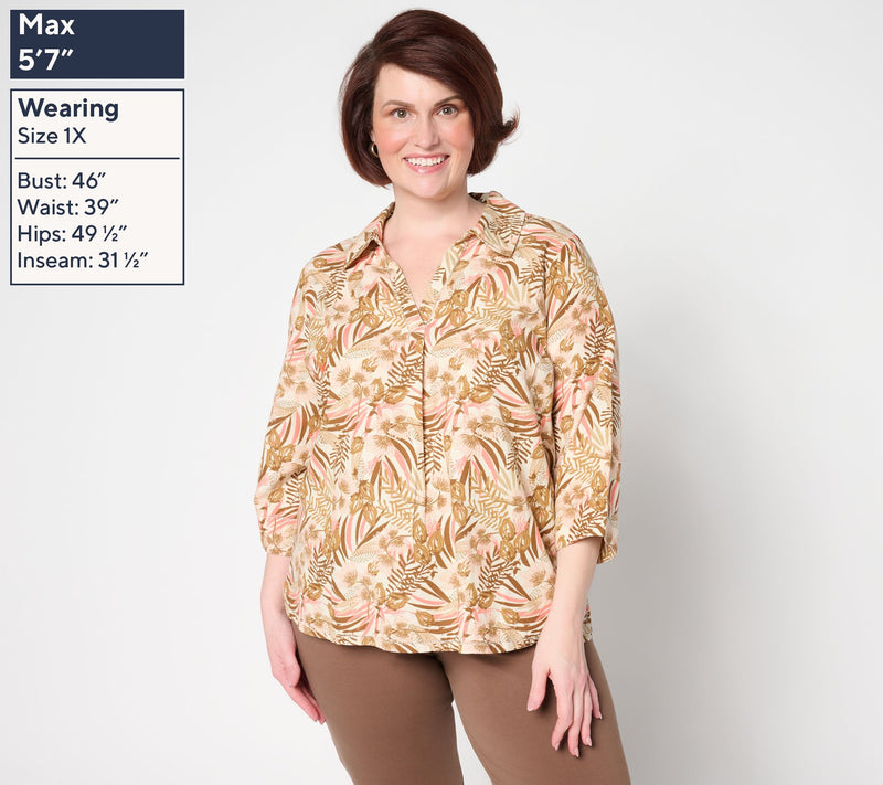Denim & Co. Soft Linen Blend Print or Solid Collared Shirt — View 2
