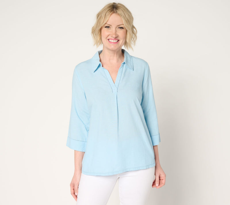 Denim & Co. Soft Linen Blend Print or Solid Collared Shirt — View 14