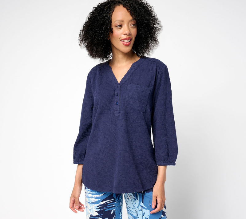 Denim & Co. Beach 100% Cotton Gauze Y-Neck Top — View 4