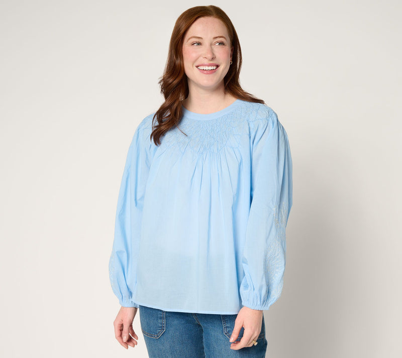 LOGO Lavish by Lori Goldstein 100% Cotton Balloon Sleeve Smocked Blouse — View 12