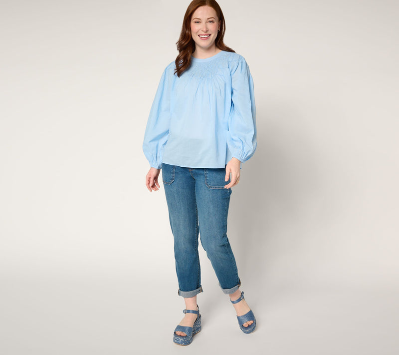 LOGO Lavish by Lori Goldstein 100% Cotton Balloon Sleeve Smocked Blouse — View 5