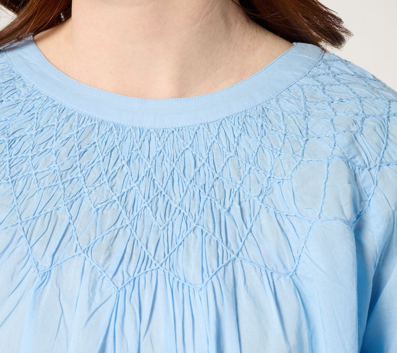 LOGO Lavish by Lori Goldstein 100% Cotton Balloon Sleeve Smocked Blouse — View 6