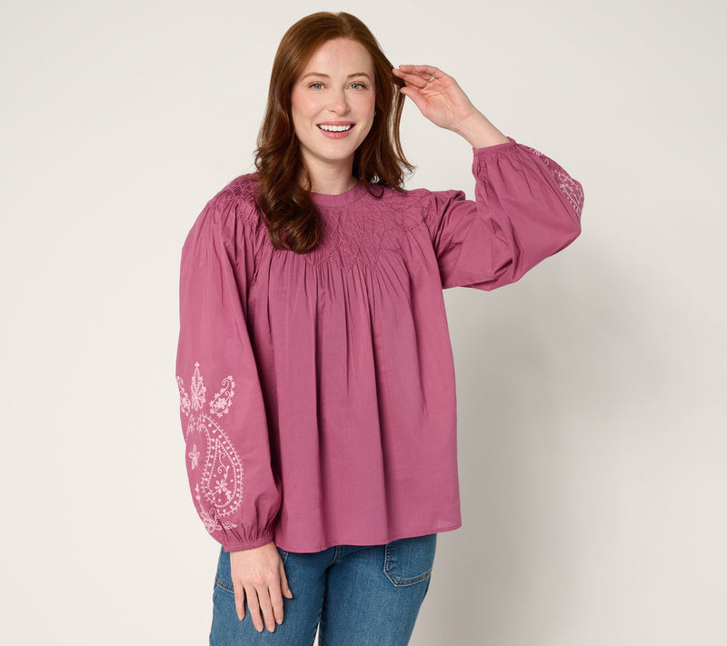 LOGO Lavish by Lori Goldstein 100% Cotton Balloon Sleeve Smocked Blouse — View 13