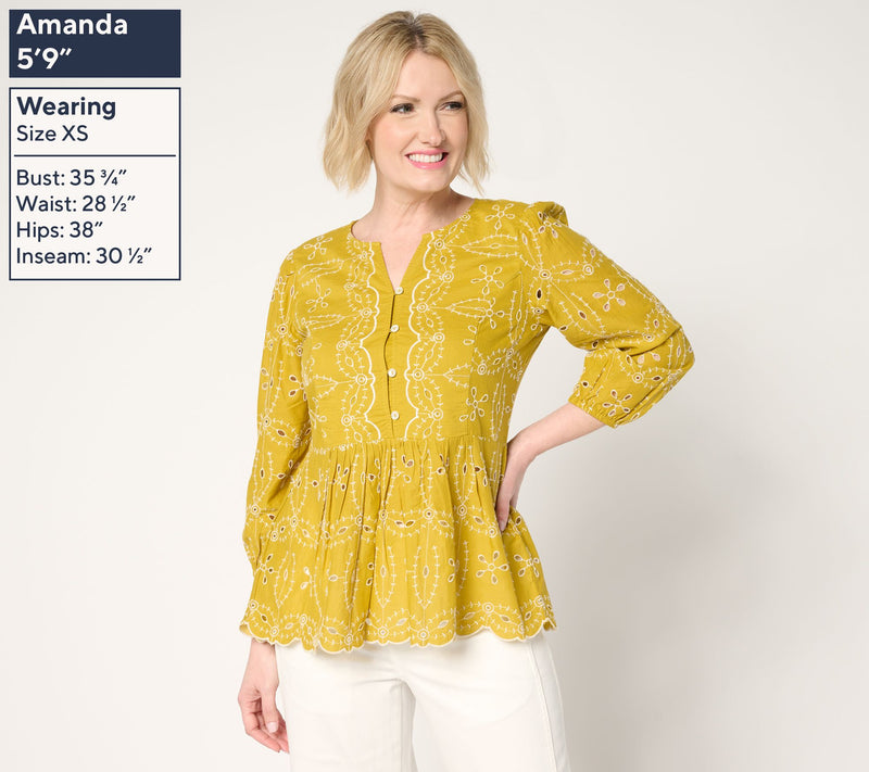 LOGO Lavish by Lori Goldstein 100% Cotton Eyelet Peplum Blouse — View 5