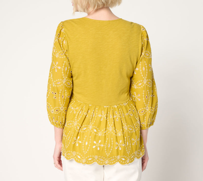 LOGO Lavish by Lori Goldstein 100% Cotton Eyelet Peplum Blouse — View 6