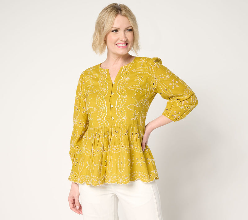 LOGO Lavish by Lori Goldstein 100% Cotton Eyelet Peplum Blouse — View 12