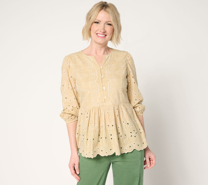 LOGO Lavish by Lori Goldstein 100% Cotton Eyelet Peplum Blouse — View 13