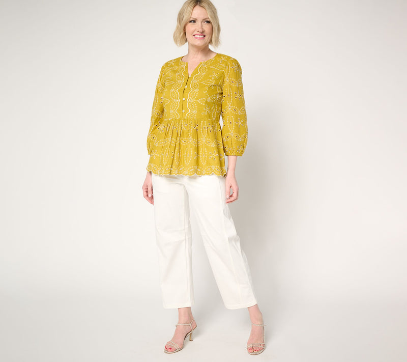 LOGO Lavish by Lori Goldstein 100% Cotton Eyelet Peplum Blouse — View 7