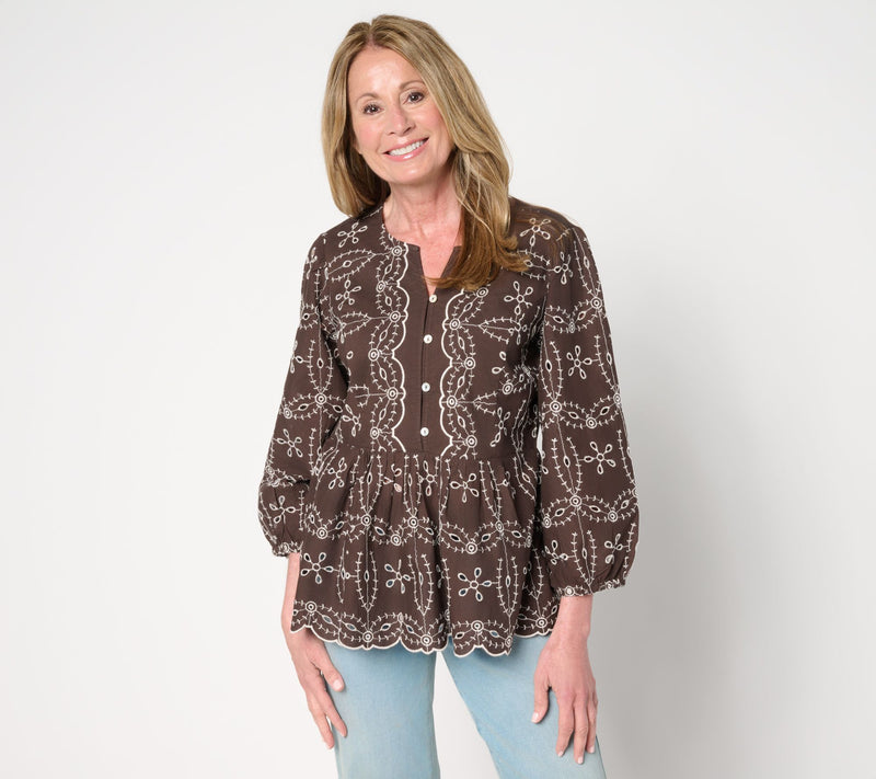 LOGO Lavish by Lori Goldstein 100% Cotton Eyelet Peplum Blouse — View 3
