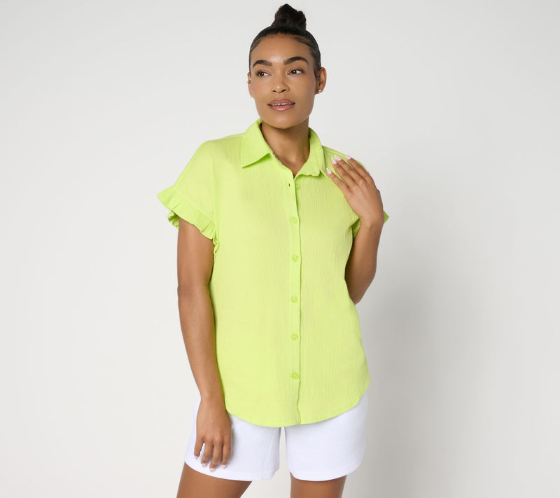 Belle by Kim Gravel Packabelle Ruffle Sleeve Button Up Shirt — View 18