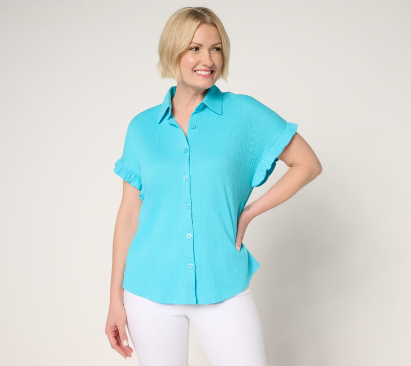 Belle by Kim Gravel Packabelle Ruffle Sleeve Button Up Shirt — View 3