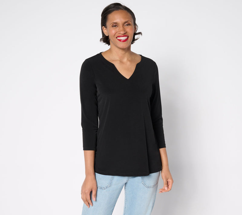 Susan Graver Regular Modern Essentials Liquid Knit Split Neck Top — View 3
