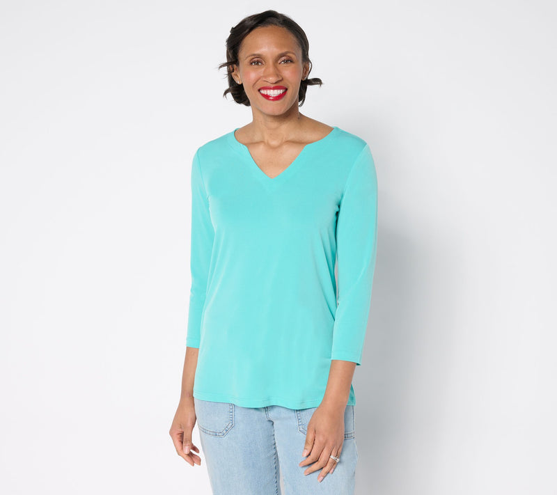 Susan Graver Petite Modern Essentials Liquid Knit Split Neck Top — View 5