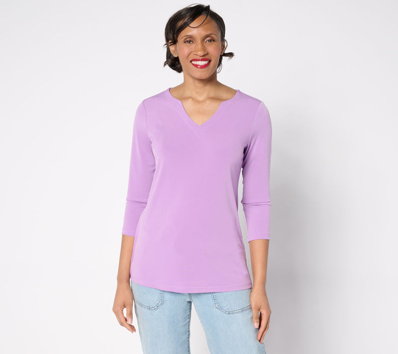 Susan Graver Petite Modern Essentials Liquid Knit Split Neck Top — View 11