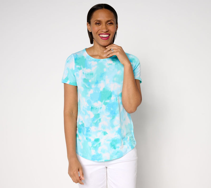 Susan Graver Printed Liquid Knit Cap Sleeve Crew-Neck Top — View 3