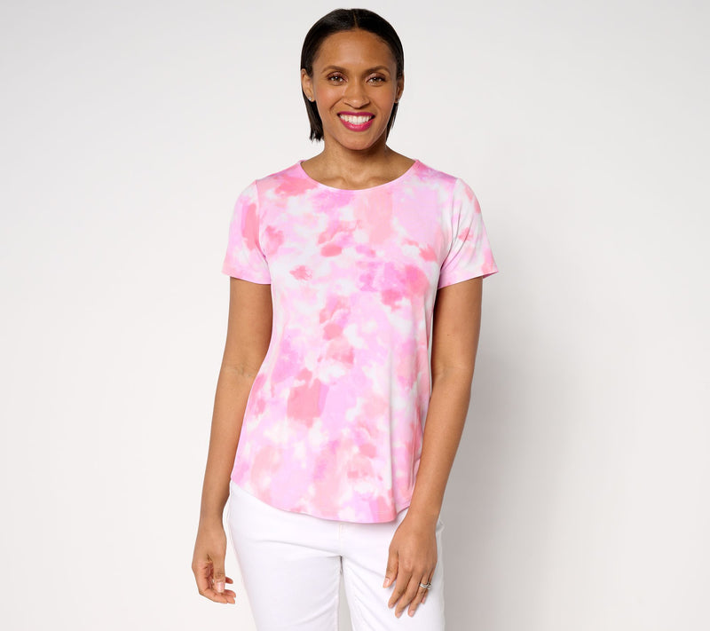 Susan Graver Printed Liquid Knit Cap Sleeve Crew-Neck Top — View 14