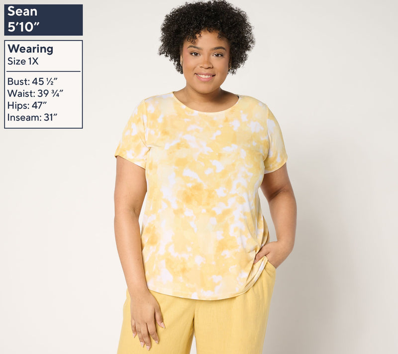 Susan Graver Printed Liquid Knit Cap Sleeve Crew-Neck Top — View 4