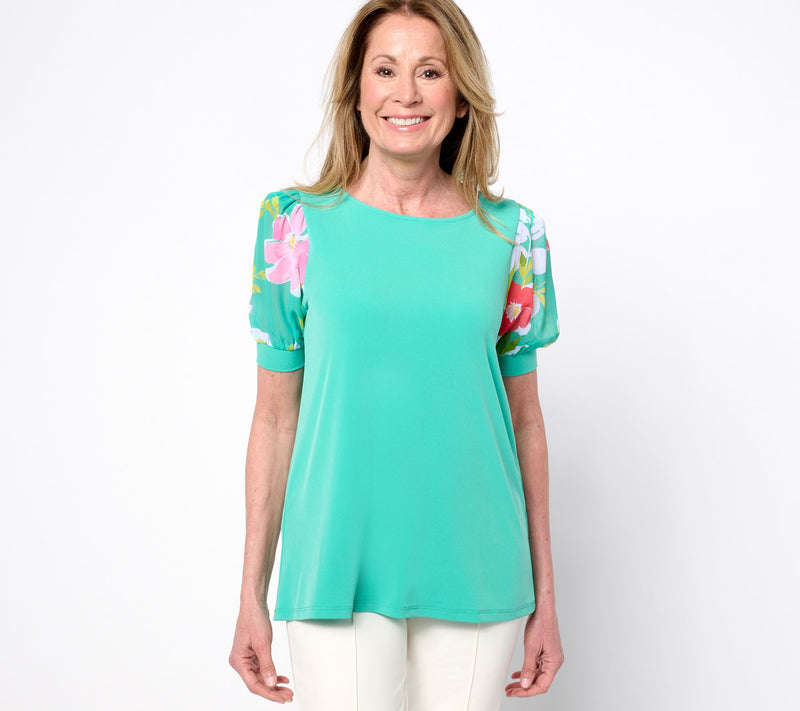 Susan Graver Regular Liquid Knit Scoop Neck Top with Woven Printed Sleeves — View 7