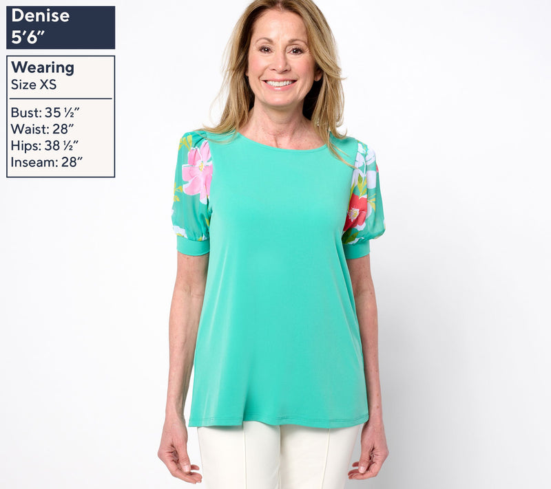 Susan Graver Regular Liquid Knit Scoop Neck Top with Woven Printed Sleeves — View 9