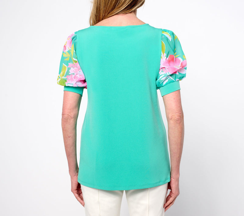 Susan Graver Regular Liquid Knit Scoop Neck Top with Woven Printed Sleeves — View 10