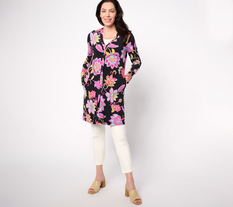 Susan Graver Petite Printed Liquid Knit Button Front Duster — Main view