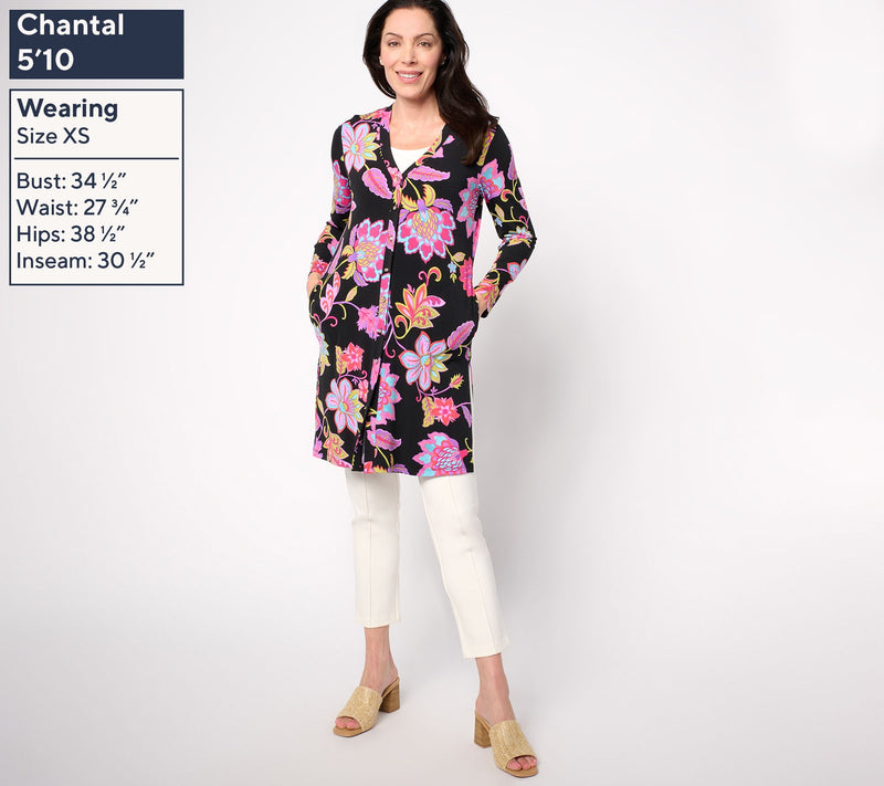 Susan Graver Petite Printed Liquid Knit Button Front Duster — View 3