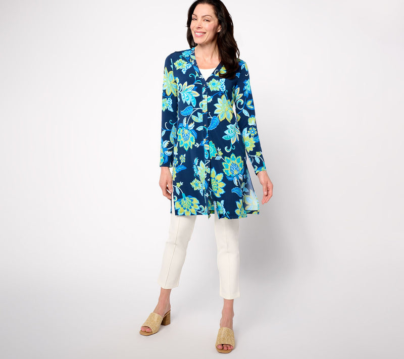 Susan Graver Petite Printed Liquid Knit Button Front Duster — View 9