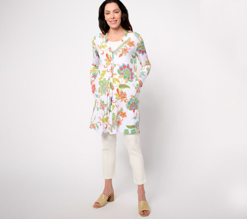 Susan Graver Petite Printed Liquid Knit Button Front Duster — View 10