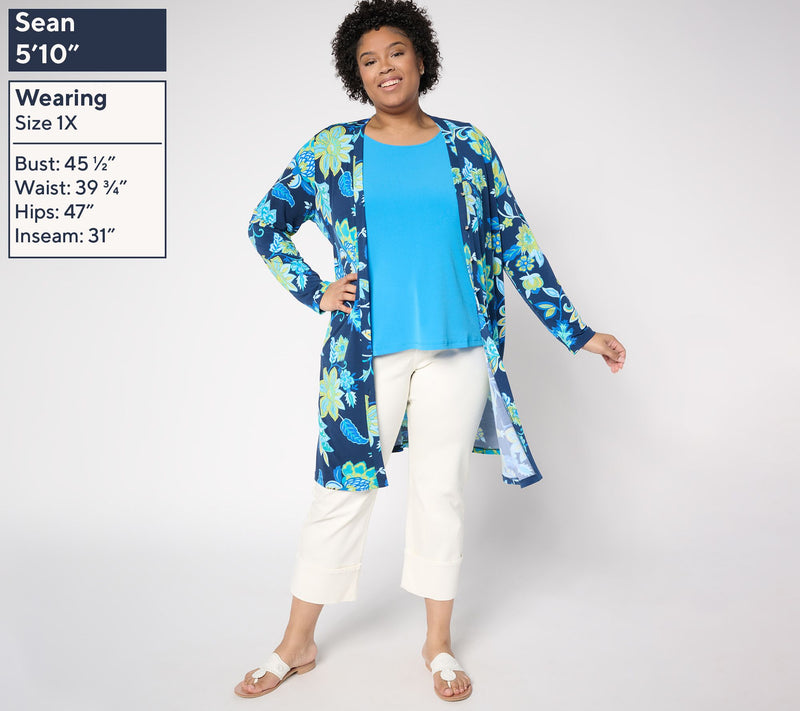 Susan Graver Petite Printed Liquid Knit Button Front Duster — View 2