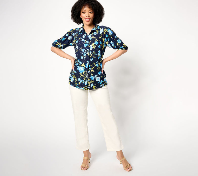 Susan Graver Printed Knit Eyelet Button Front Puff Sleeve Top — View 7