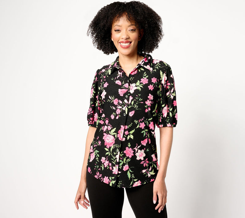 Susan Graver Printed Knit Eyelet Button Front Puff Sleeve Top — View 11