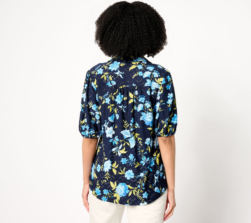 Susan Graver Printed Knit Eyelet Button Front Puff Sleeve Top — View 6