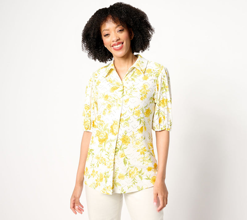 Susan Graver Printed Knit Eyelet Button Front Puff Sleeve Top — View 12
