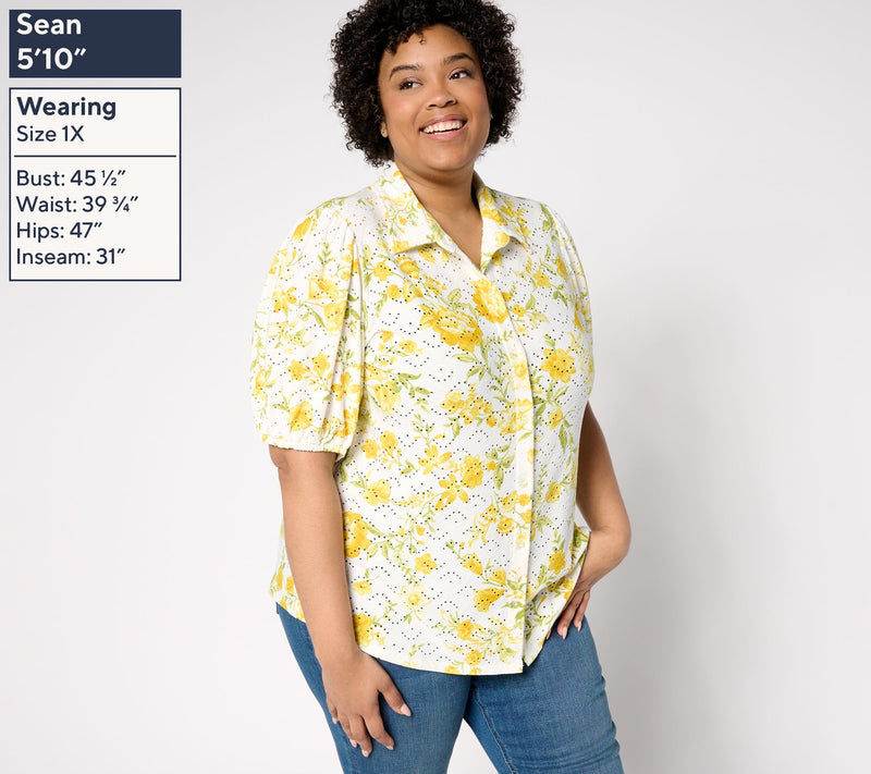 Susan Graver Printed Knit Eyelet Button Front Puff Sleeve Top — View 4