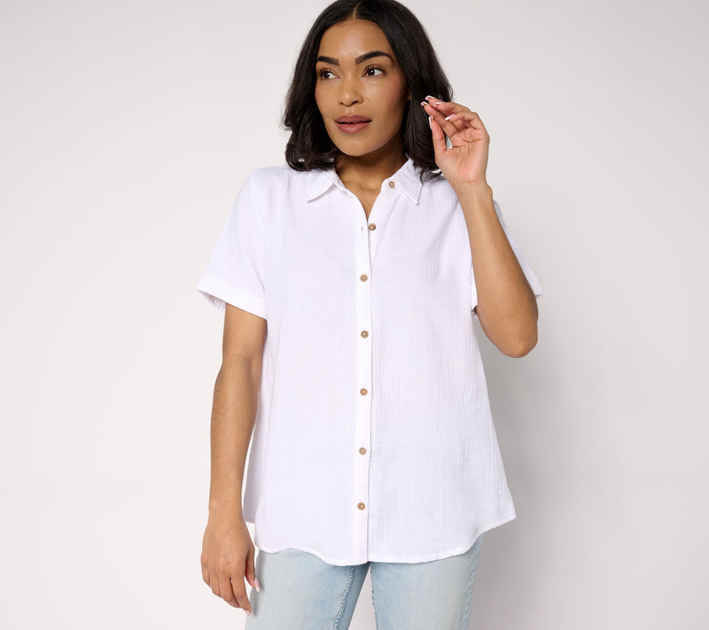 Susan Graver PURE Regular Cotton Gauze Button Front Tunic — View 18