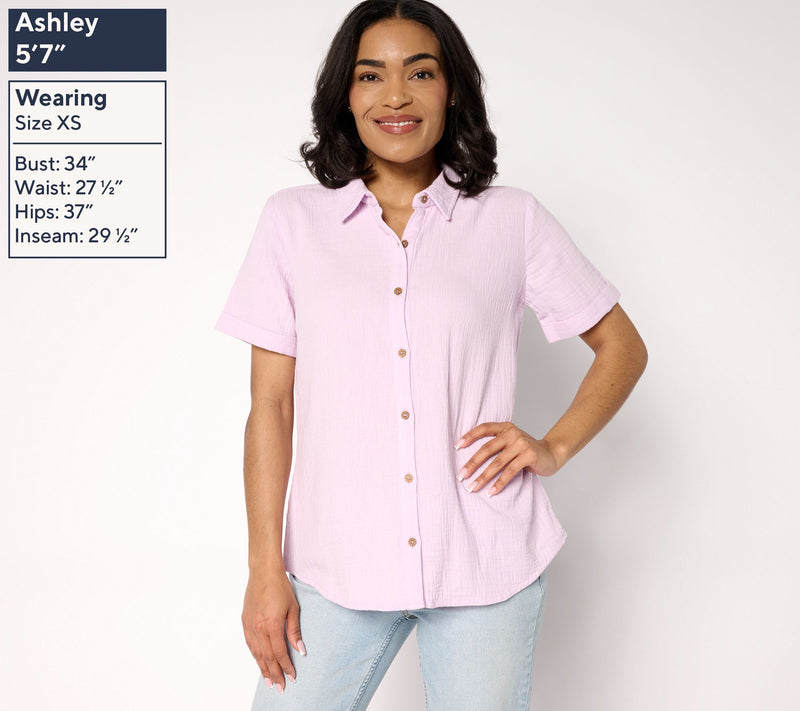 Susan Graver PURE Regular Cotton Gauze Button Front Tunic — View 3