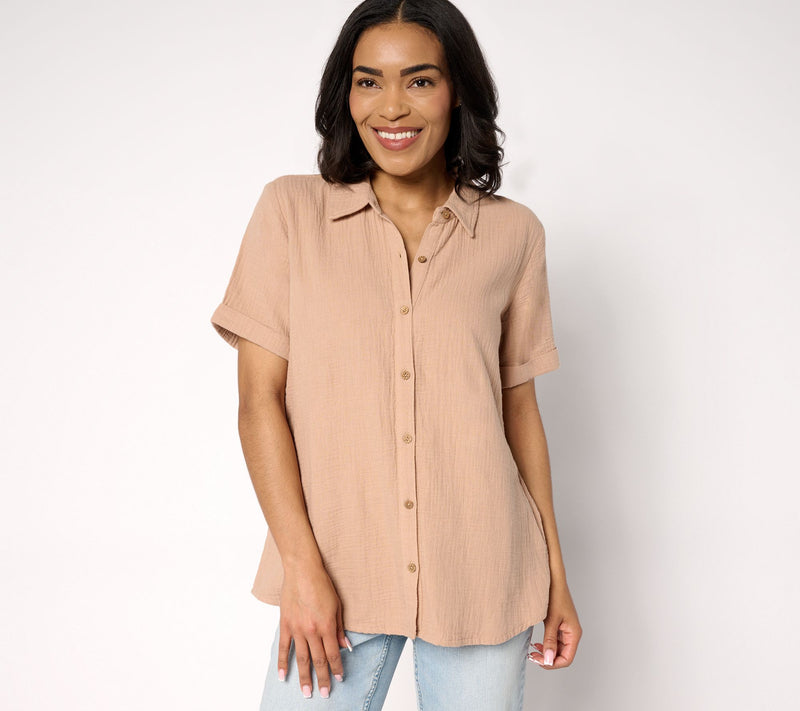 Susan Graver PURE Regular Cotton Gauze Button Front Tunic — View 21